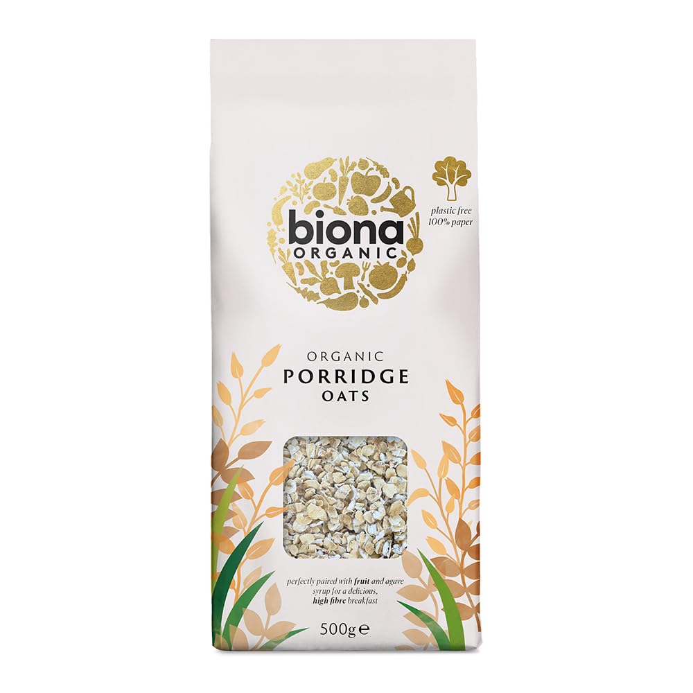 Biona Organic Porridge Oats, 500 g - Organically Grown Breakfast Oats - High Fibre - Sustainable 100% Recyclable Paper Packaging - For Cooking, Breakfast or Baking