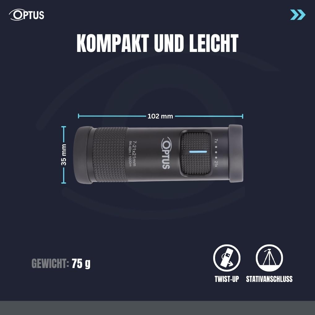 Optus Zoom Monokular 7-21x21 mit Stativanschluss Augenmuschel für Brillenträger kompaktes Fernrohr für Naturbeobachtung Jagd inkl. Tasche