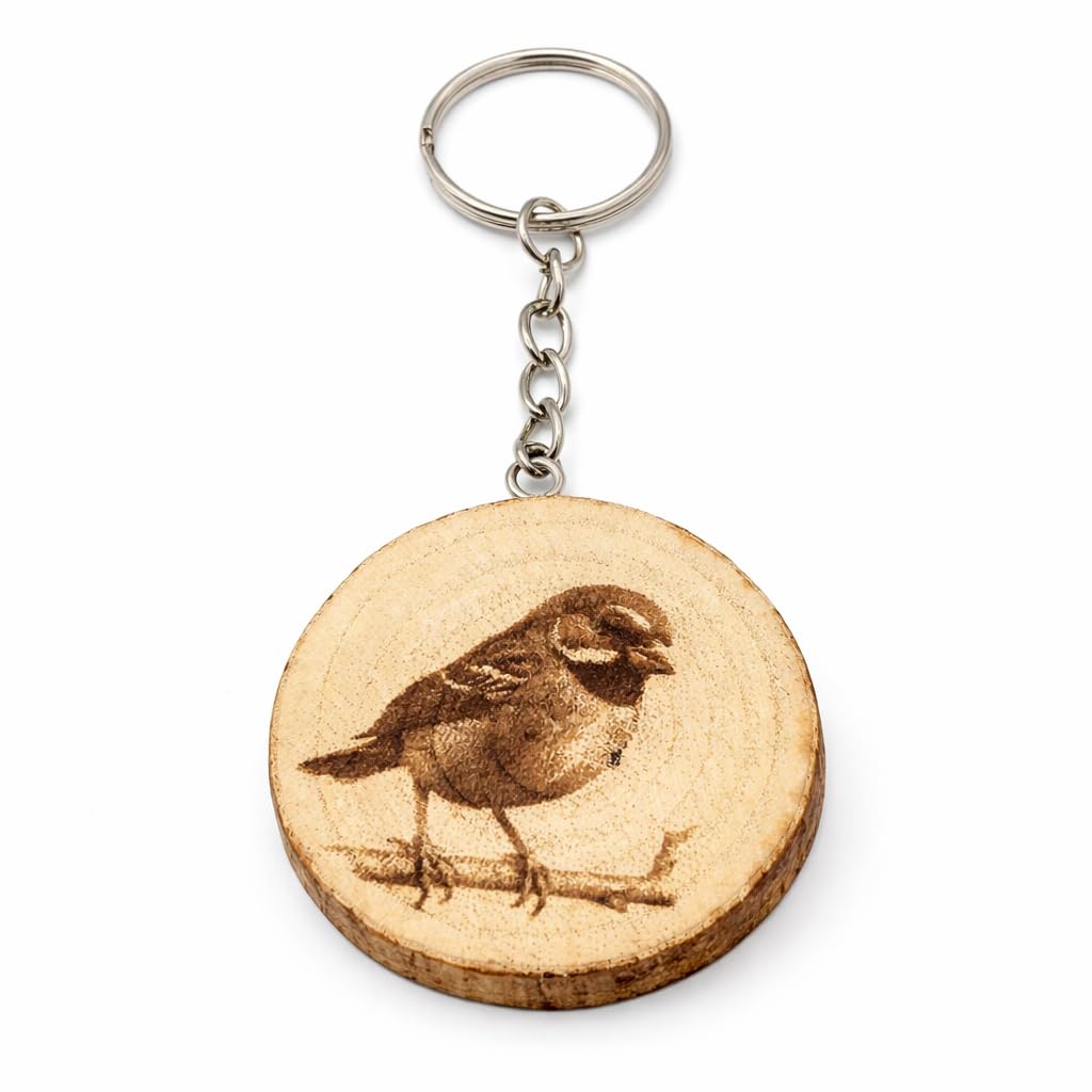 Promotech Sparrow Wooden Keychain – Handcrafted Laser-Engraved Keyring from Natural Wood – Unique Bird Lover Accessory