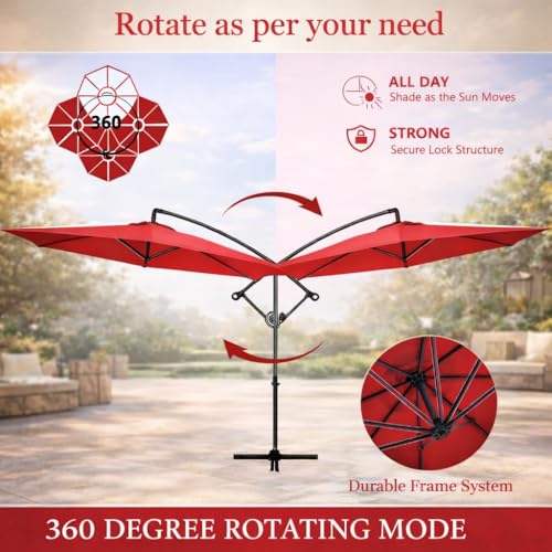 Image of Hukimoyo 10Ft Diameter Large Outdoor Patio Cantilever Offset Umbrella with Base Stand, Waterproof Heavy Duty Garden Parasol Sun Shade Canopy, Side Pole Umbrella for Backyard, Poolside, Deck, Lawn, Terrace, Cafe.