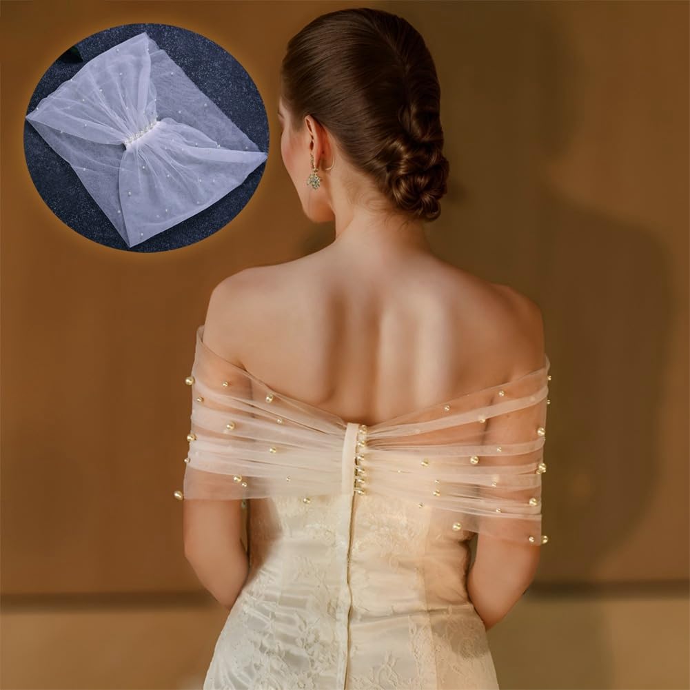 Cape boléro en dentelle - Écharpe de mariage - Cape de mariée - Étole avec perles artificielles - Boucle - Capelets épaules dénudées - Écharpe en dentelle pour fête - Paillettes - Pour femme -