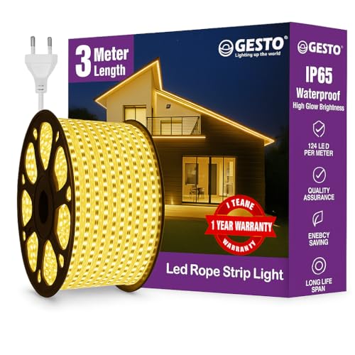 Image of Gesto 3 Meter Rope LED Strip Lights | 120 LED /Mtr Waterproof Outdoor Lights for Balcony, Home Decor, Cove Light for False Ceiling | Flexible, Cuttable Strip Light for Diwali Decoration - Warm White