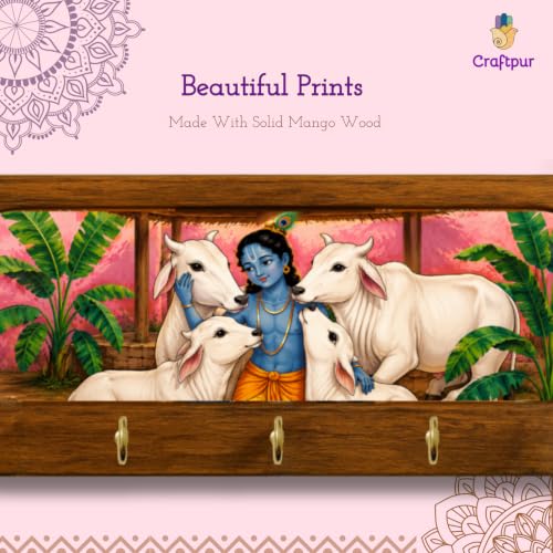 Image of Stylish Wooden Key Holder for Wall | Cute Key Holder for Home Decor | Key Holder Stand with 5 Hooks | Wall Mounted Key Hanger| (Krishna Ji Cow)