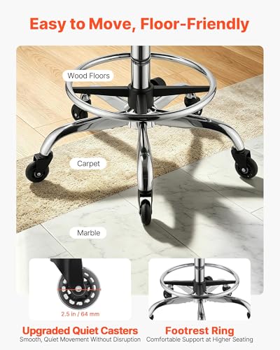 Image of VEVOR Saddle Stool with Back Support Footrest, 500 lbs Weight Capacity, Height Adjustable, Quiet Casters, PU Leather Seat, 360 Swivel Saddle Stool Rolling Chair for Salon, Spa, Bar, Medical, Black