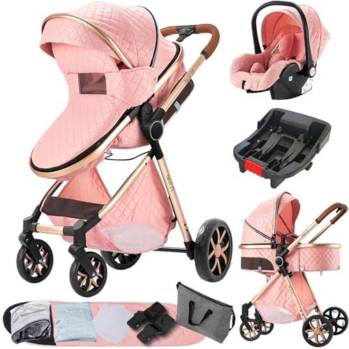 Image of Nine point nine 3 in 1 Baby Stroller Travel System Combo Set, Reversible Infant Stroller with Aluminum Frame, Convertible Toddler Newborn Pram Carriage of One-Click Folding (UDV9-PINK with Base)