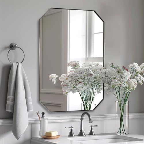 Image of ANDY STAR Brushed Nickel Octagon Bathroom Mirror, 22x30 Inch Stainless Steel Metal Frame, Anti-Rust, Shatterproof HD Glass, Wall Mounted for Bathroom, Bedroom, Living Room
