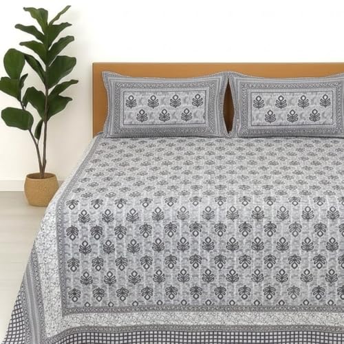 Image of Jaipur Weaves Jaipuri Double Bed Cotton Bedsheet Queen Size 90x85, 120 TC 100% Pure Cotton Bed Sheet with 2 Pillow Covers, Floral Traditional Print (Grey Buta, Double)