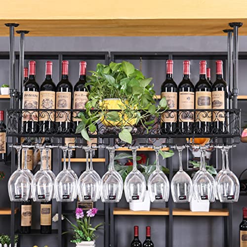 Botelleros, Soporte para Copas de Vino Colgante de Techo de Altura Ajustable, Botelleros para Botellas de Vino al Revés Barra de Bar Unidad de Barra Estantes Flotantes Soporte para Copas (Si