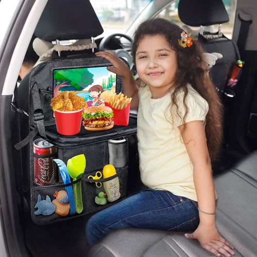 1 Stück Rückenlehnenschutz Auto Kinder mit 10 Zoll Tablet-Tasche, 600D Oxford Stoff Wasserdicht Autositz Rücksitz Organizer Autositzschoner Rückenlehne mit Klapptisch, Tablet Tasche und Viele Taschen