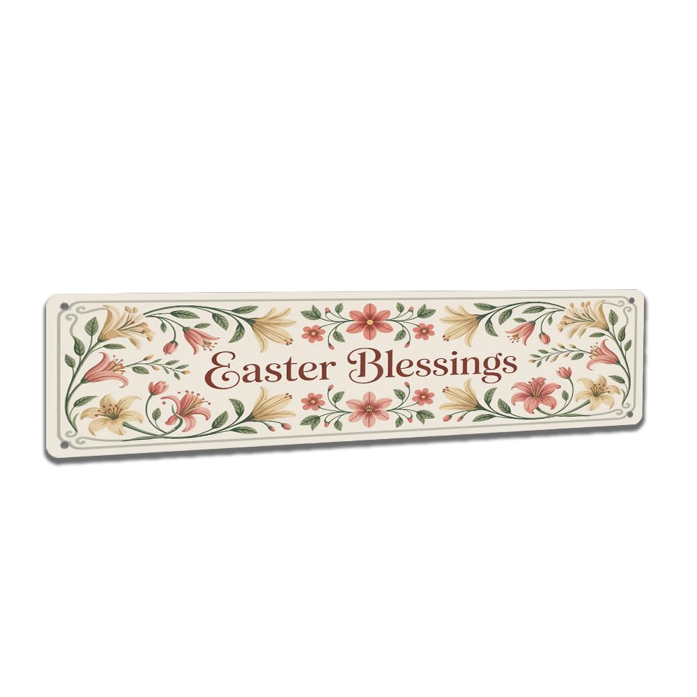 Peiyeety A004 Easter Blessings Vintage Metal Tin Sign, 4X16 Inch Rustic Easter Themed Wall Decor, Retro Sign For Home, Porch, Waterproof Tin Sign, Durable Wall Art