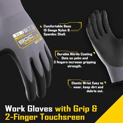 COOLJOB 3 works Nitrile Rubber Work Gloves with Grip Dots, Gardening Gloves with 2 Fingers Touchscreen - Image 3