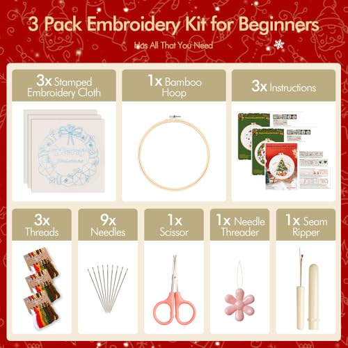 Image of wtisan Christmas Embroidery Kit, Cross Stitch Kits for Beginners, Needlepoint with All Tools & Instructions, Stamped Hand Embroidery Starter Kit for Holiday Crafts & Xmas Home Decor, W10