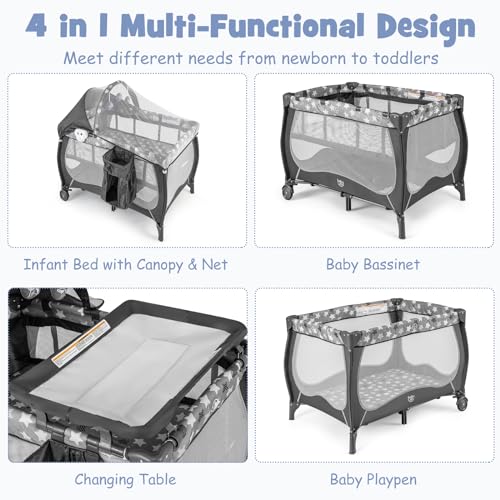 Image of BABY JOY 4 in 1 Pack and Play, Portable Baby Playard with Bassinet, Adjustable Canopy, Changing Table, Lockable Wheels, Music Box, Travel Baby Crib Bassinet from Newborn to Toddler