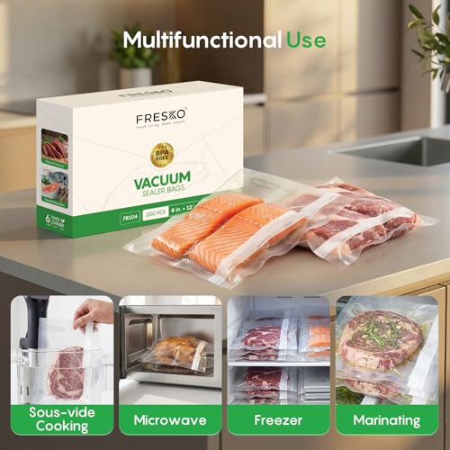 Image of FRESKO 200 Pack Quart 8 inchx12 inch Vacuum Sealer Bags, BPA Free Heavy Duty PreCut, Great for Sous Vide, Everyday Meal Prep & Freezer Storage