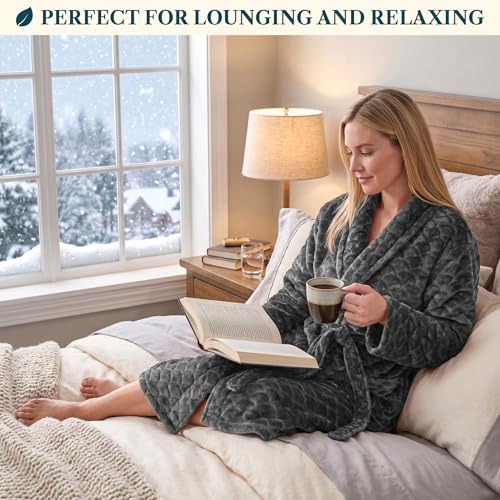 Image of PAVILIA Plush Robe for Women, Soft Fleece Short Bathrobe, Warm Lightweight Knee Length Lounge Robe with Pockets