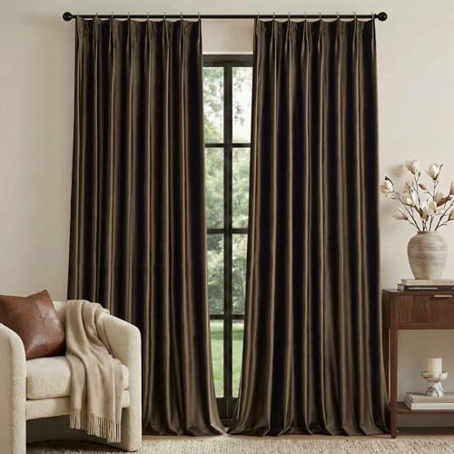 Brown Velvet Pinch Pleated Curtains: Living Room 96 Inches Long 2 Panels Set Luxury Darkening Thermal Insulated Drape with Hooks- Elegant Soundproof Noise Reducing Back Tab Window Curtain for Bedroom