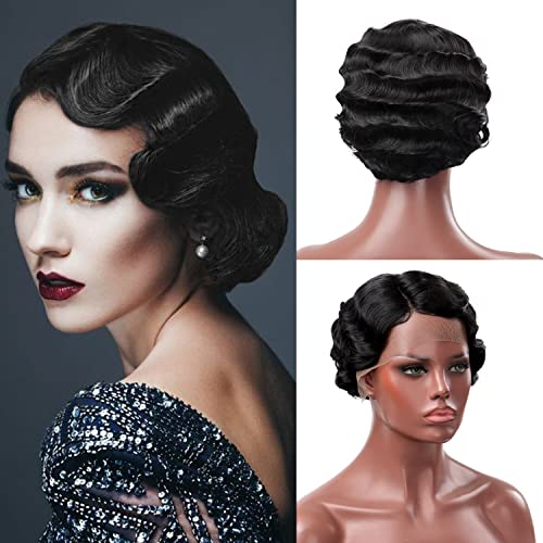Bybrana Hair Short Finger Wavy Curly Black Cute Nuna Wig - Real Retro African Natural-Looking Mommy Wig for Women (Lace Black)