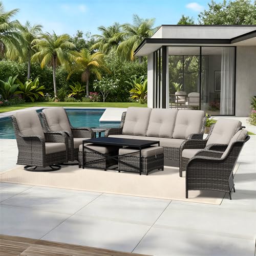 Image of Joyside 9 Piece Wicker Patio Furniture Set, Outdoor Swivel Rocker Patio Chairs with High Back, Deep Seating, Wide Armrest, Thickened Cushions, Outdoor Furniture for Deck, Porch Use
