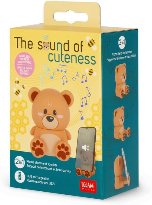 Multiple views of the Legami Teddy Bear Speaker demonstrating its use as a phone stand