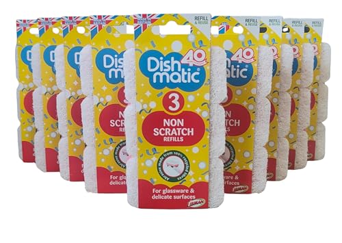 Dishmatic Non Scratch Refills Pack of 9 (27 Refills) Sponge Heads for Dishmatic Handles Non Scratch Dishwashing Refills for Glassware Non Stick Pans & Delicate Surfaces