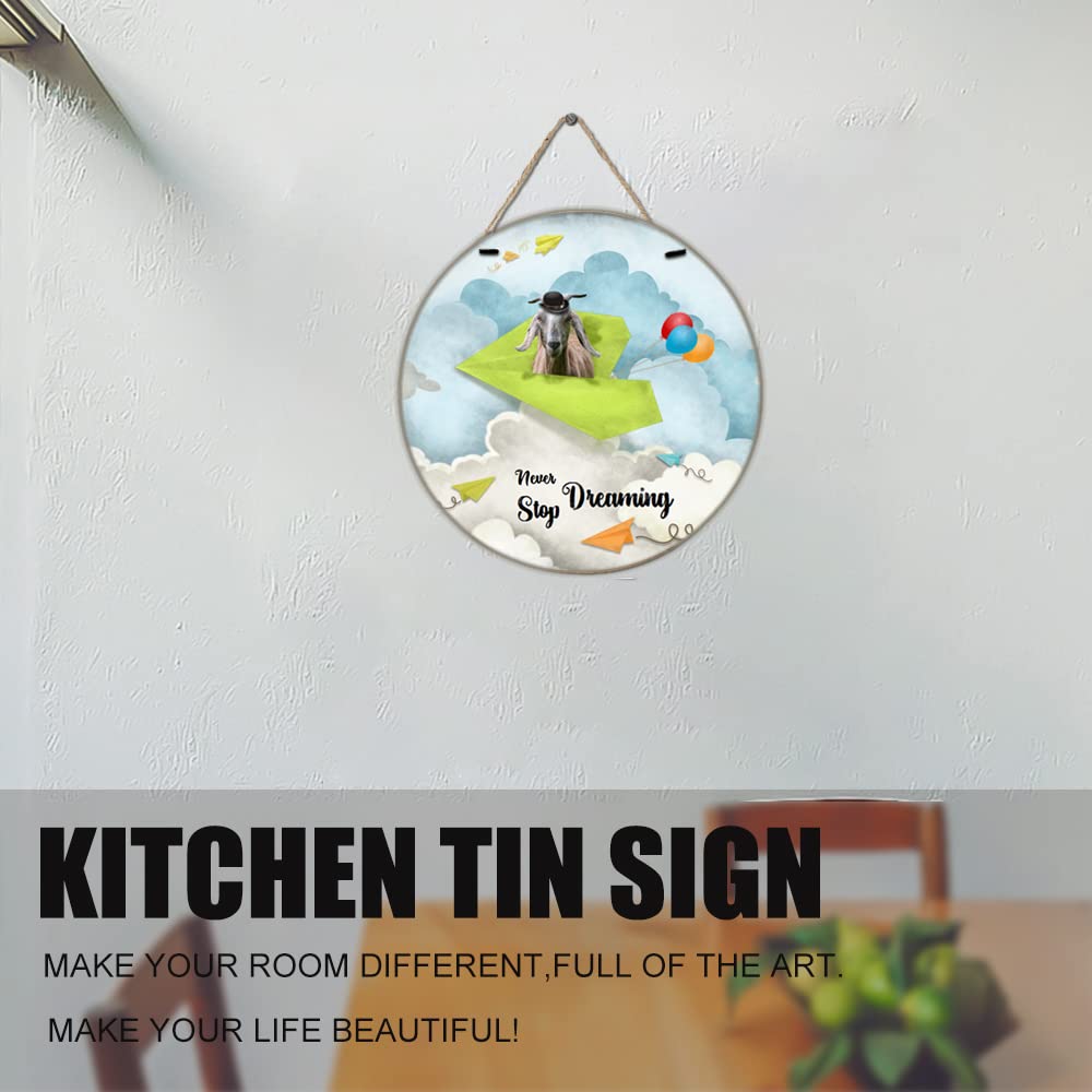 Finamille Inspirational Wall Art -Never Stop Dreaming,Goat Shabby Chic Round Sign for Kid's Bedroom Classroom Nursery 12x12 Inches Wooden Door Hanger