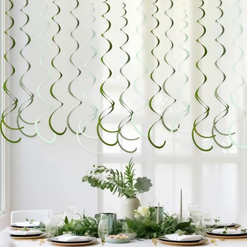 Image of 36Pcs Olive Green Hanging Swirl Decorations Ombre Sage Green Felt Swirl Streamer Spiral Ceiling Garland for Neutral Birthday Wedding Engagement Safari Jungle Woodland Party Supplies