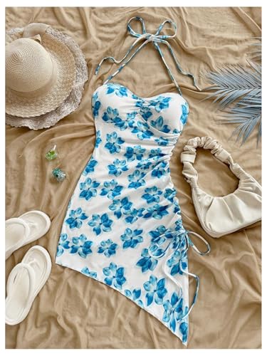 Image of Floerns Women's Floral Print Halter Dress Sleeveless Drawstring Asymmetrical Hem Bodycon Dress