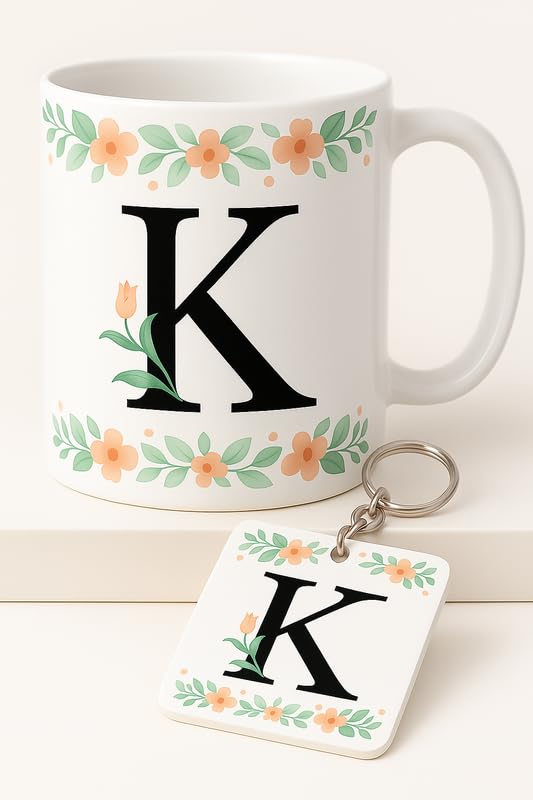 Choicecases Floral Alphabet K Coffee Mug with Matching Keychain | Personalized Gift for Men Women, Friends, Birthday, Office Use, Return Gift Combo