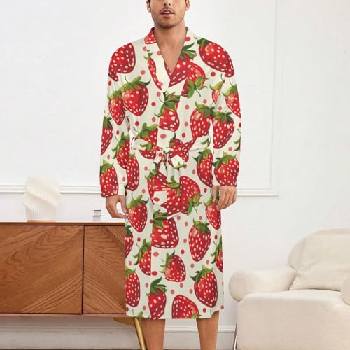 Red Strawberries Soft Robe Long Sleeve Bathrobes V Neck Sleepwear Spa Robes with Belt Men Woman2