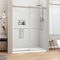 Sunrosa Frameless Double Sliding Shower Door 56 1/8-60" W x 76" H, 5/16" (8mm) Thick Easy-Clean Tempered Glass, Soft-Close Adjustable Shower Door with Towel Bar, Brushed Nickel Finish