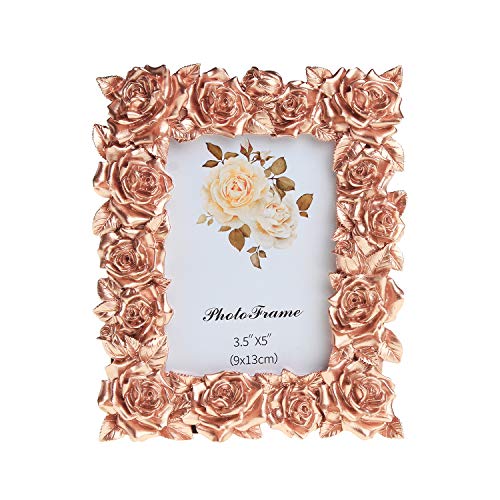 Memorecoder Resin Picture Frame Rose Flower Decorative with High Definition PVC Plexi Glass for Table Top Desk Photo Display Rose Gold Color Memento, 3.5x5 inch