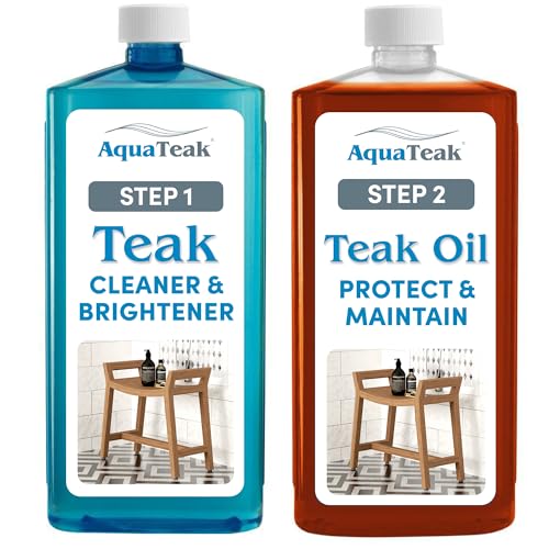 AquaTeak Care Kit - Premium Teak Oil Teak Wood Cleaner & Brightener 16 oz Each - Cleans & Restores Outdoor & Indoor Furniture Shower Stool & Decks - Removes Wood Stain & Maintains Natural Finish
