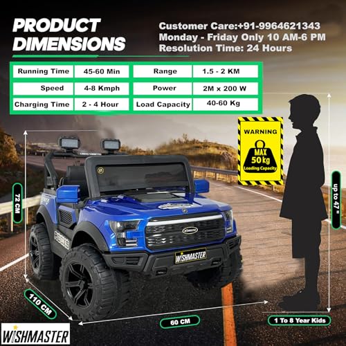 Image of Wishmaster 4x4 Electric Ride-On Jeep for Kids | 12V Battery Operated Car with Remote Control, Music, LED Lights & Suspension | Off-Road SUV Jeep Toy for Boys & Girls (2-8 Years, Blue)