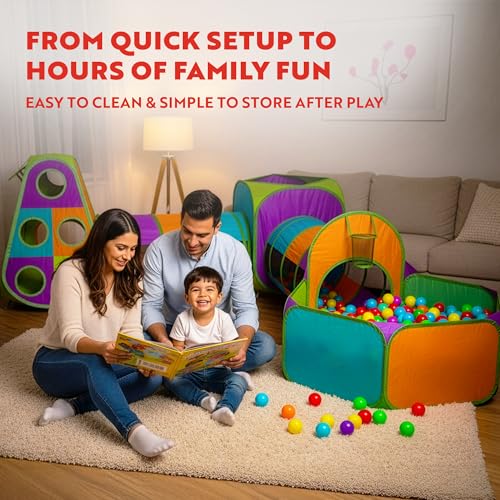 Image of Playz 5-Piece Kids Pop up Play Tent Crawl Tunnel and Ball Pit with Basketball Hoop Playhouse for Boys, Girls, Babies, and Toddlers (Purple, Orange, Yellow, Red, Blue)