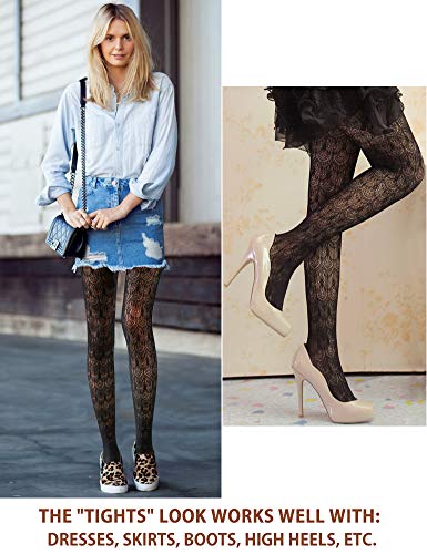 Vero Monte 1 Pair Womens Patterned Lace Tights (Black) Hollow Out Knit Stockings #TOP1