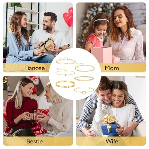 Kit 6 bracelets réglables anti-ternissement mailles Figaro et chevrons or