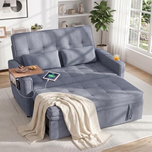 Image of Dreamzie 54'' Convertible Sleeper Sofa Bed with Swivel Side Table, Chenille Pull Out Couch for Living Room, Loveseat Sleeper Couch with Side Pocket | Charging Port | Cup Holder, Blue
