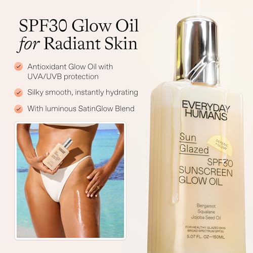 Everyday Humans Sun Glazed SPF30 Sheer Body Glow Oil with Gold Mica | Hydrating Non-Sticky Glowing UV Protection Cruelty Free 5.1 Fl Oz | Bergamot, Squalane, Jojoba Seed Oil | UVA/UVB Broad Spectrum