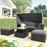 Quarte Outdoor Patio Rectangle Daybed with Retractable Canopy,All-Weather Wicker Sectional Furniture