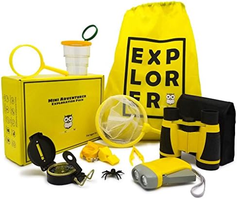 Mini Adventurer Exploration Pack by Thinking Owl - Binoculars, Flashlight, Magnifying Glass, Whistle, Compass, Butterfly Net, Bug Container, Tweezers, Backpack, Binocular Bag - Kids Exploration Kit