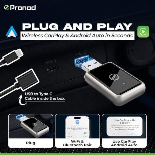 Image of PRONOD Wireless CarPlay & Android Auto Adapter | Convert Factory Wired CarPlay to Wireless | Fast Bluetooth & 5GHz WiFi | Auto Reconnect | USB & Type-C | Plug & Play | Compatible with iPhone iOS