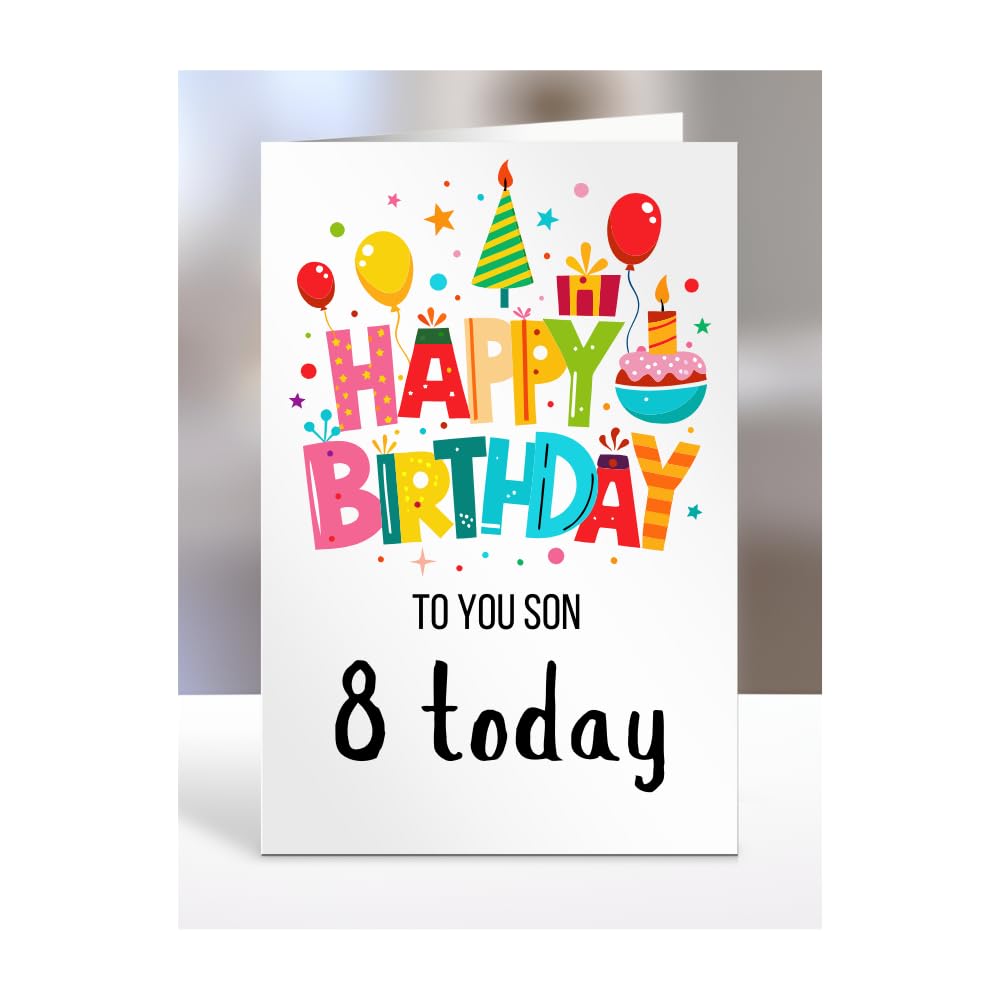 8th birthday card for Son, gifts for girl, girls, boy, boys, gift, presents, female, male, him, her, Happy birthday to you, 8 years old today, A5-162h_34 โ image 1