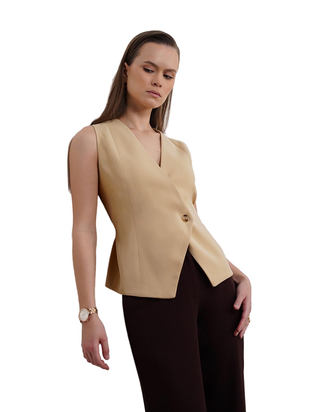 fablestreet Women Formal Waistcoat | Tailored Fit V-Neck Sleeveless Design with Belted Back & Single Button Closure | Smooth Woven Fabric for Office & Ceremonial Wear-picture-29