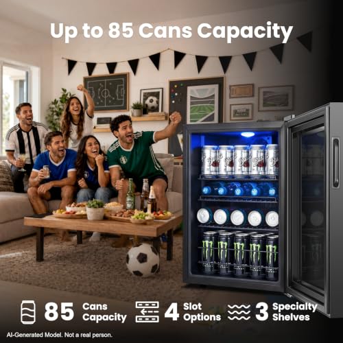 Image of Yeego Beverage Refrigerator, 85 Can Mini Fridge with Glass Door, Digital Temperature Control 34F-54F, Countertop Drink Cooler for Soda, Beer and Wine, Black