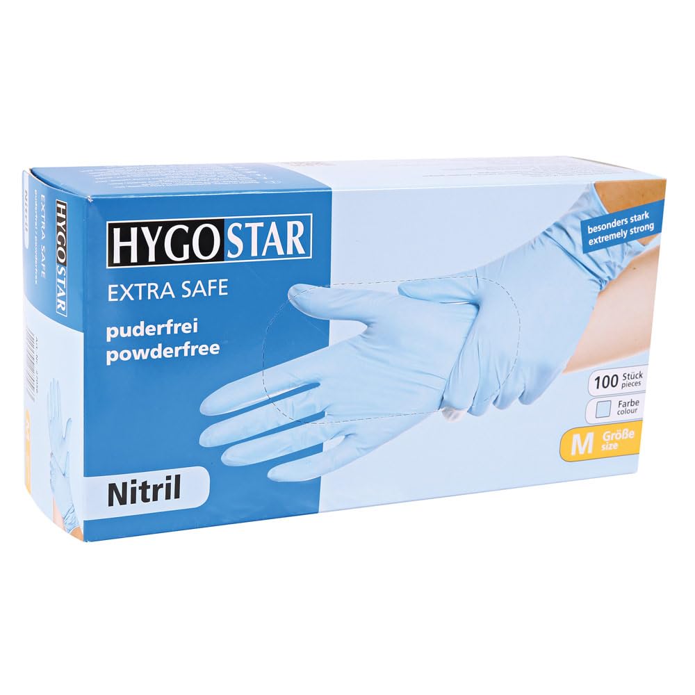 FRANZ MENSCH 1000 Stück Hygostar Nitrilhandschuhe Extra Safe | puderfrei, Karton, blau, 10/XL, L: 24cm, Einweghandschuhe, Einmalhandschuhe mit Rollrand, Handschuhe Einweg latexfrei, Gummihandschuhe