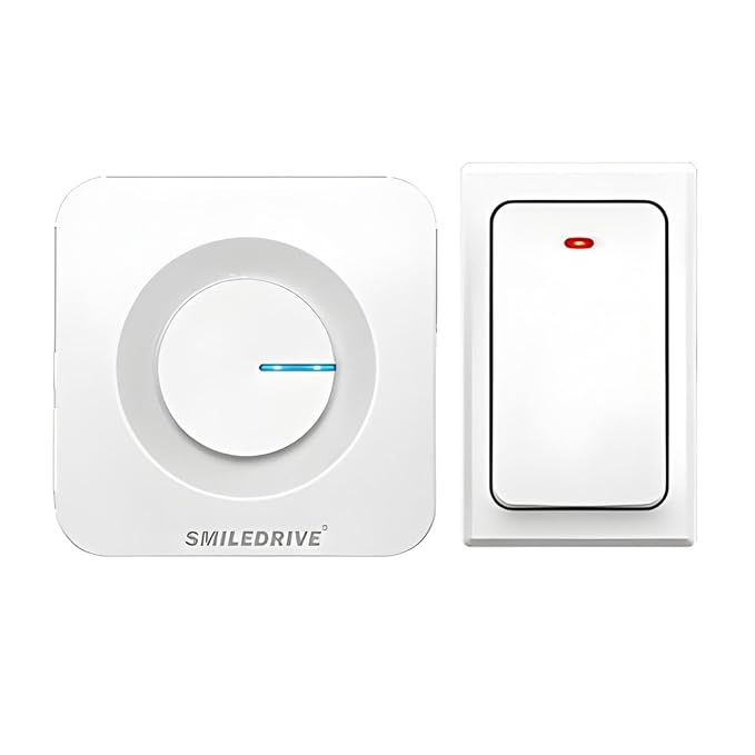 SMILEDRIVE® Wireless No battery 600ft Long Range Calling Doorbell for Home, Office- 110dB Loud Volume, 4 Level Volume Adjust, Flashing LED light, 36 Chimes, IP44 Waterproof (1 Receiver+1 Push Button)