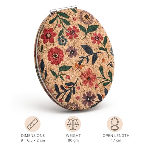 Image of Floral Cork Compact Mirror for Women | Oval Dual-Sided Folding Makeup Mirror | Portable Travel Pocket Mirror with Magnifying Mirror | Lightweight Cosmetic Mirror for Purse & Handbag (Floral)