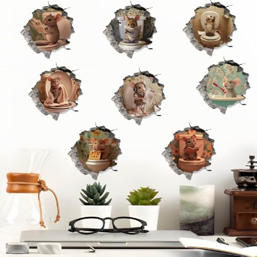 SUPERDANT 3D Rat Toilet Wall Sticker 3D Mice Cracked Wall Decals 3D Mice Bathroom Peel and Stick Vinyl Wall Art Decor 3D Mice Stickers Decals for Bathroom Toilet Kids Room Wall Decor 60x30cm