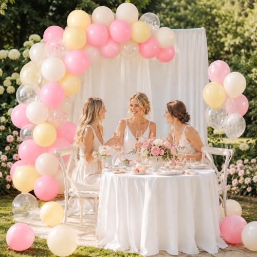 Image of Pink and Yellow Balloons, 12 Inch Pastel Balloon for Bridal Baby Shower | Baby Light Pink Yellow Ivory Clear Transparent Balloons Helium Latex Balloon for Wedding Anniversary Bee Bear Themed Party