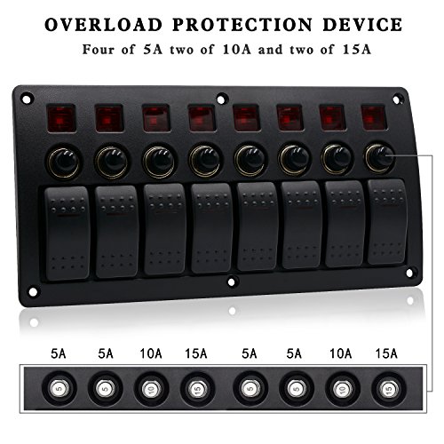 WUPP Boat Rocker Switch Panel Waterproof 8 Gang 3PIN & Circuit Breaker Overload Protection LED Switch Panel DC12/24V ON-Off Aluminium Switches for Marine RV Car Truck Trailer, Christmas Gift Idea - Thumbnail 3